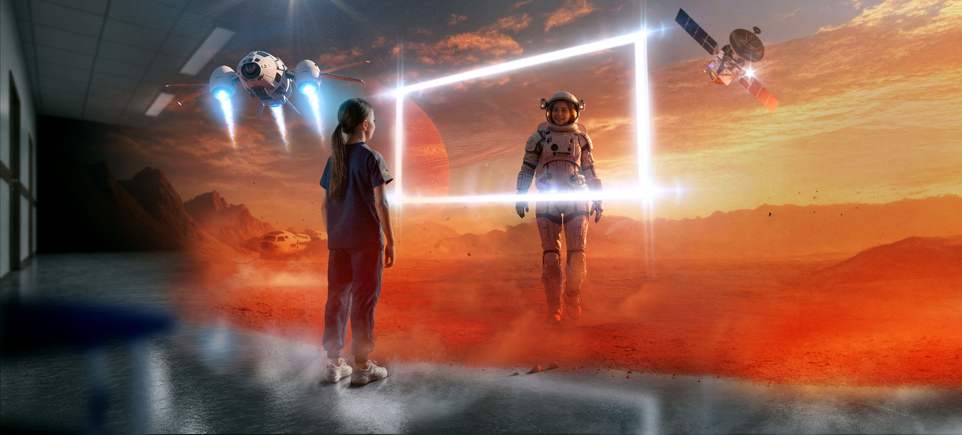Aluna observando uma astronauta atravessando um portal de luz — campanha Status 2027